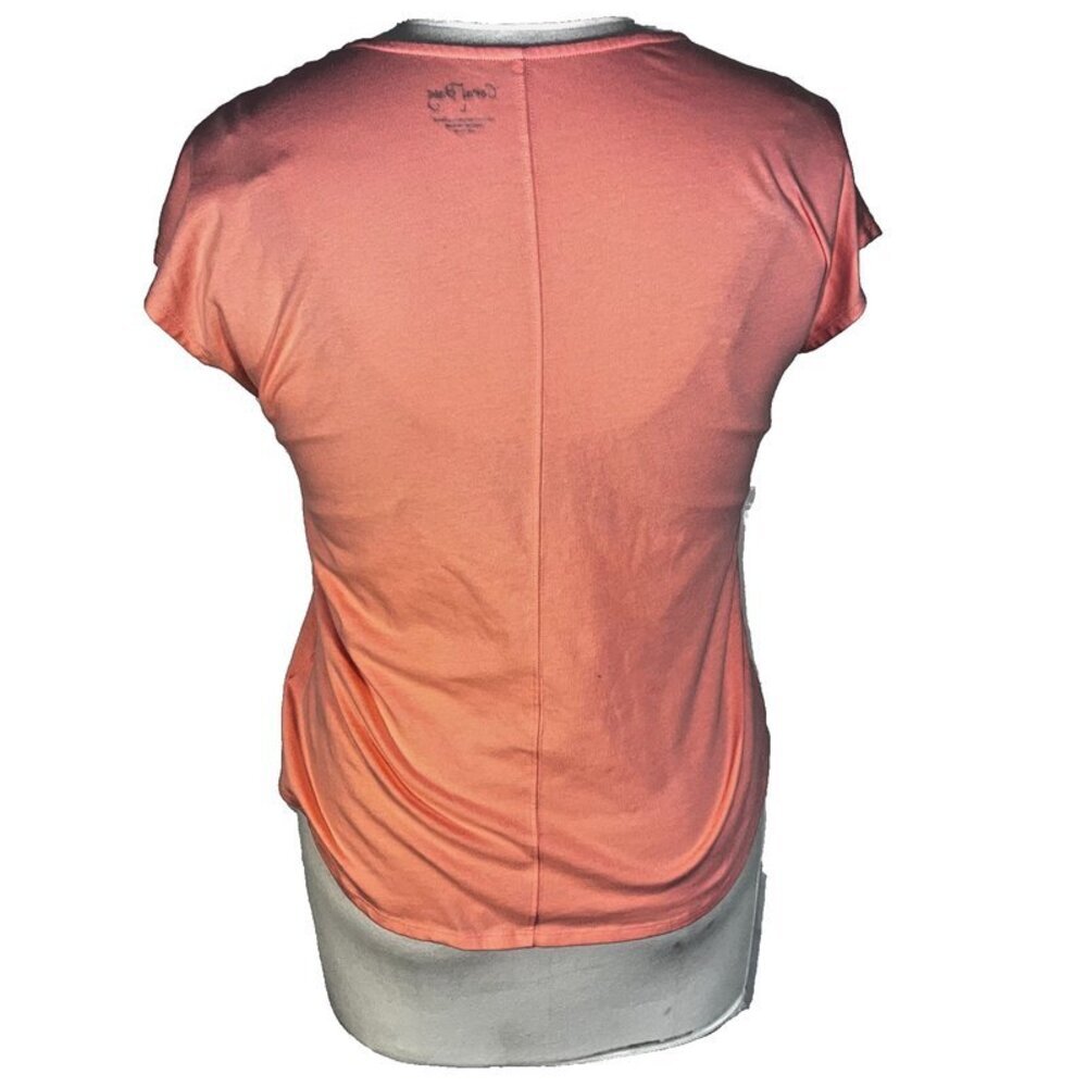 Coral Bay Blouse Womens L Peach Floral Seashell Silver Beaded Neck Short Sleeve - Picture 8 of 14